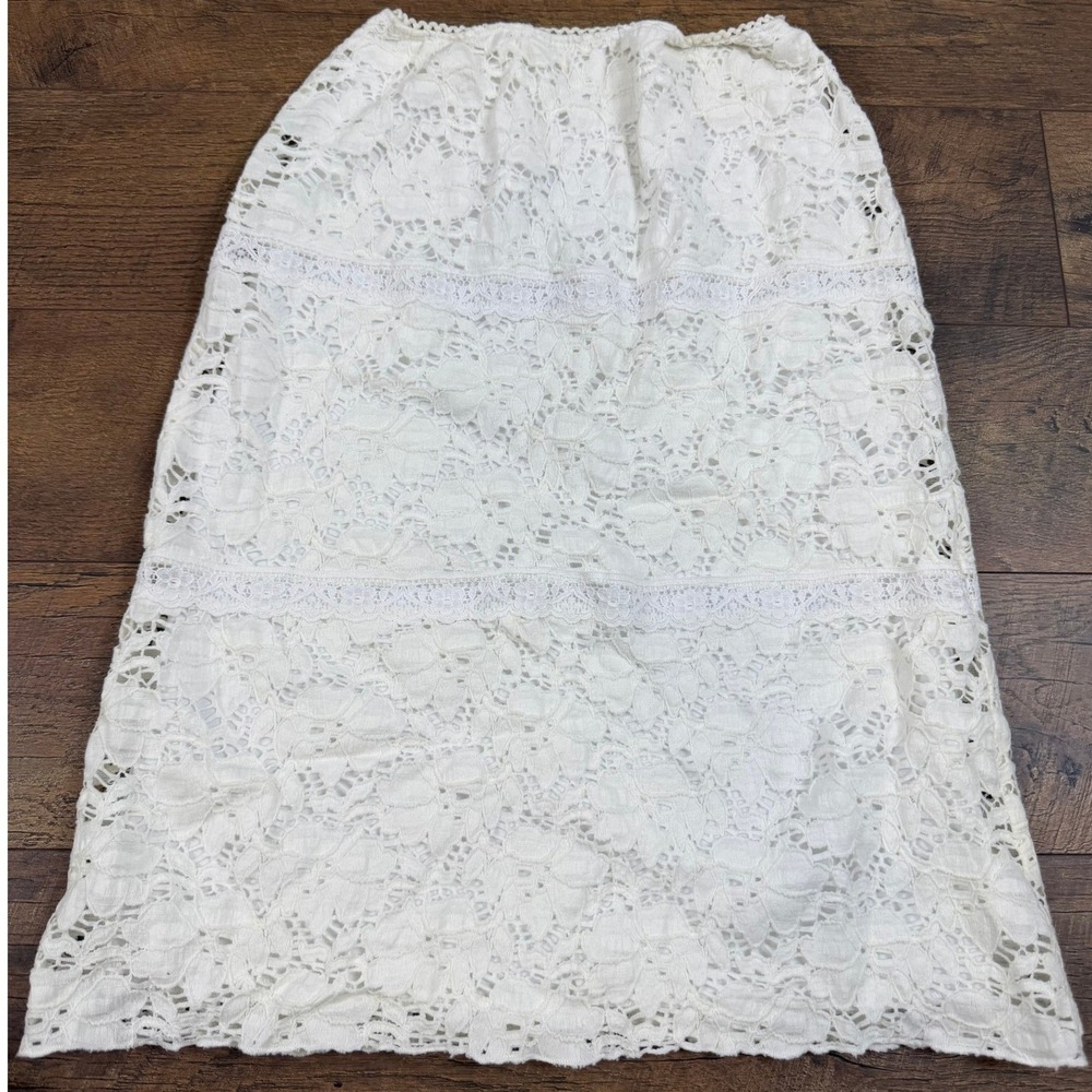 Beau Bois White Floral Lace Tiered Midi Skirt Elastic‎ Waist Lined Boho